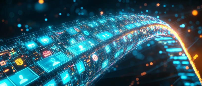 A glowing bridge made of digital screens and icons, connecting individuals from different locations. The bridge pulses with holographic effects, symbolizing seamless collaboration and communication.