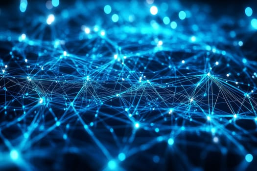 A web of glowing blue lines and dots, each dot representing a remote worker. The network pulsates with activity, showing how different tools and platforms facilitate global collaboration.