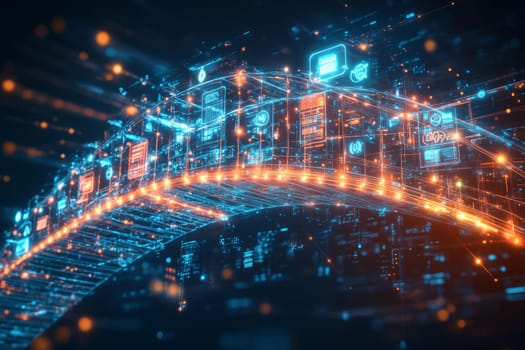 A glowing bridge made of digital screens and icons, connecting individuals from different locations. The bridge pulses with holographic effects, symbolizing seamless collaboration and communication.