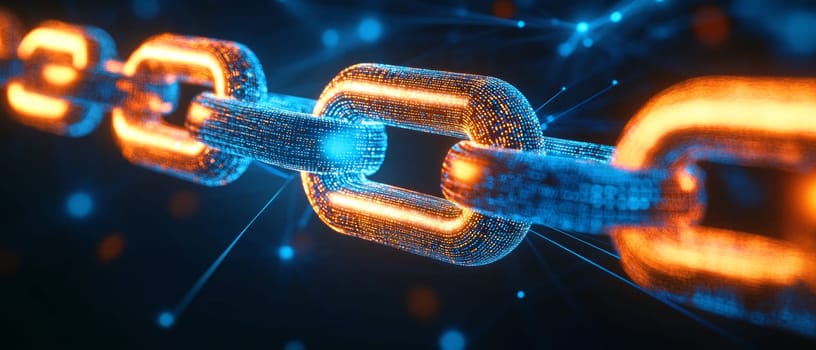 A glowing chain made of interlocking digital blocks, each block engraved with holographic codes. Blue-toned lines connect the chain to a digital network, symbolizing the transparency of blockchain.