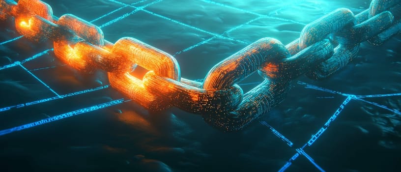 A glowing chain made of interlocking digital blocks, each block engraved with holographic codes. Blue-toned lines connect the chain to a digital network, symbolizing the transparency of blockchain.