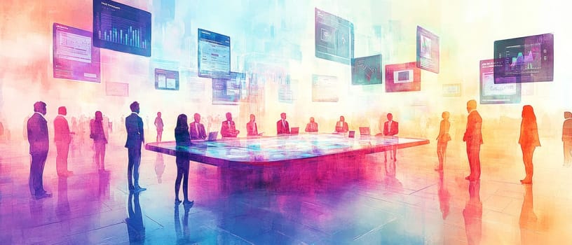 A holographic conference table surrounded by floating screens displaying charts, messages, and video feeds. Participants appear as digital silhouettes, representing remote collaboration in real-time.