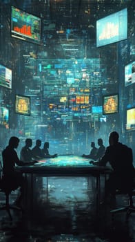 A holographic conference table surrounded by floating screens displaying charts, messages, and video feeds. Participants appear as digital silhouettes, representing remote collaboration in real-time.