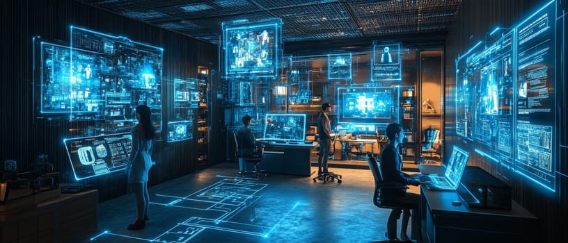 A futuristic office space where floating holographic screens and devices are interconnected by glowing blue-toned lines. Team members appear as avatars, working together in a digital workspace.