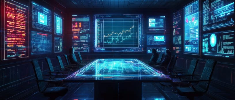 A holographic conference table surrounded by floating screens displaying charts, messages, and video feeds. Participants appear as digital silhouettes, representing remote collaboration in real-time.