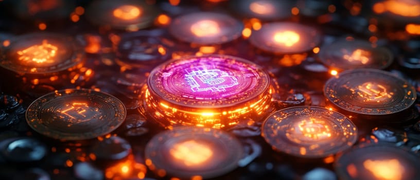 A vast galaxy of glowing cryptocurrency coins orbiting around a central blockchain core. Each coin has a holographic overlay of transaction data, symbolizing the decentralization of currencies.