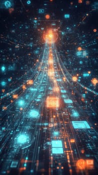 A glowing bridge made of digital screens and icons, connecting individuals from different locations. The bridge pulses with holographic effects, symbolizing seamless collaboration and communication.