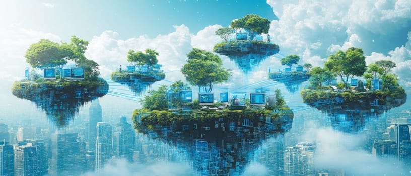 A group of floating islands in a digital sky, each island representing a remote worker. Blue data streams connect the islands, symbolizing collaboration through cloud-based tools and platforms.
