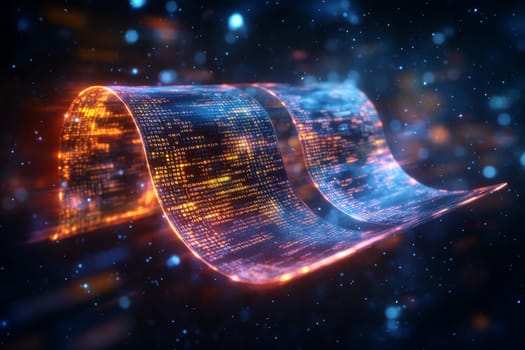 A large, glowing digital ledger floats in space, with pages made of transparent code. Each page shows holographic transaction data, representing the immutable nature of blockchain technology.