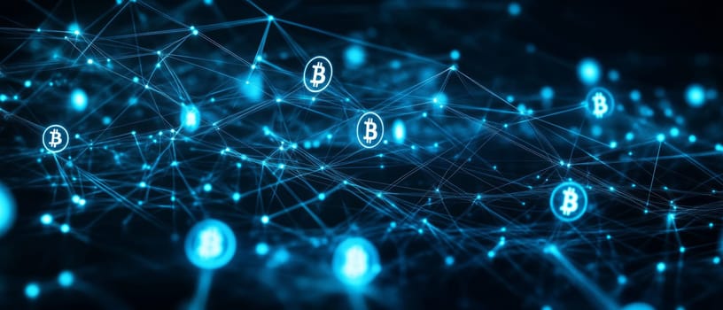 A web of interconnected blue-toned dots and lines stretching across a dark background, with cryptocurrency symbols floating at each node. The network represents blockchain’s global reach.