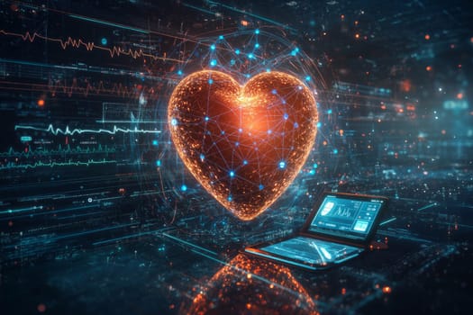 A glowing, holographic heart surrounded by interconnected lines and blue dots representing vital signs. The heart is connected to a digital tablet showing real-time health data and telemedicine tools.