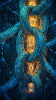 A glowing chain made of interlocking digital blocks, each block engraved with holographic codes. Blue-toned lines connect the chain to a digital network, symbolizing the transparency of blockchain.