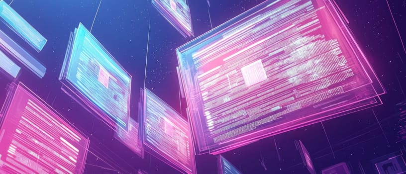 A large, glowing digital ledger floats in space, with pages made of transparent code. Each page shows holographic transaction data, representing the immutable nature of blockchain technology.