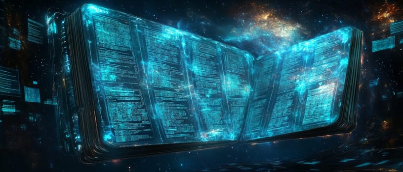 A large, glowing digital ledger floats in space, with pages made of transparent code. Each page shows holographic transaction data, representing the immutable nature of blockchain technology.