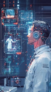 A digital hospital room with holographic medical devices and floating health data screens. A doctor avatar interacts with a patient through a holographic interface, symbolizing telemedicine.