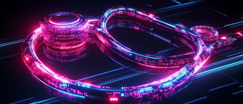 A glowing stethoscope made of digital code and holographic lines, with data streams representing vital signs flowing through it, symbolizing the integration of traditional health with telemedicine.