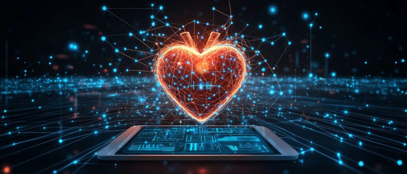 A glowing, holographic heart surrounded by interconnected lines and blue dots representing vital signs. The heart is connected to a digital tablet showing real-time health data and telemedicine tools.