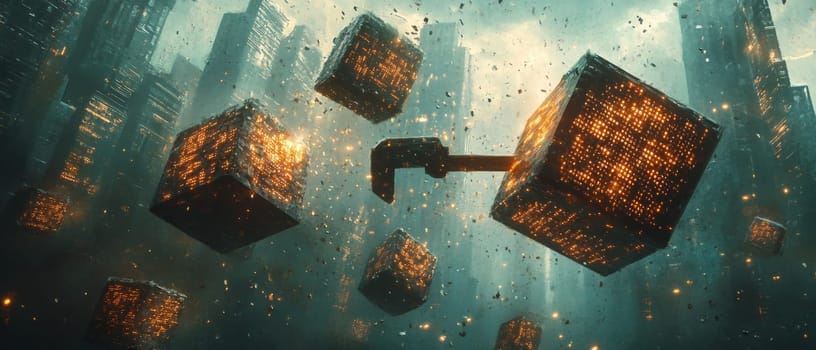 Digital pickaxes breaking apart floating cubes filled with binary code, representing cryptocurrency mining. Glowing data particles scatter across the scene, signifying the generation of new tokens.