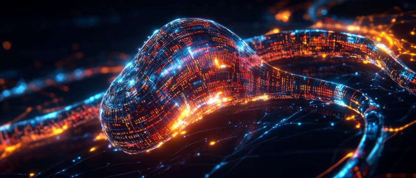 A glowing stethoscope made of digital code and holographic lines, with data streams representing vital signs flowing through it, symbolizing the integration of traditional health with telemedicine.