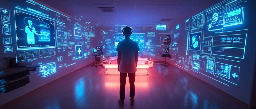 A digital hospital room with holographic medical devices and floating health data screens. A doctor avatar interacts with a patient through a holographic interface, symbolizing telemedicine.