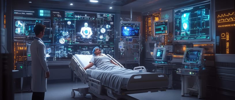 A digital hospital room with holographic medical devices and floating health data screens. A doctor avatar interacts with a patient through a holographic interface, symbolizing telemedicine.
