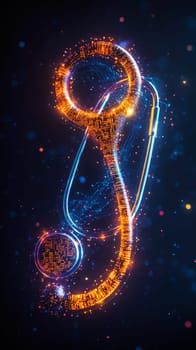 A glowing stethoscope made of digital code and holographic lines, with data streams representing vital signs flowing through it, symbolizing the integration of traditional health with telemedicine.