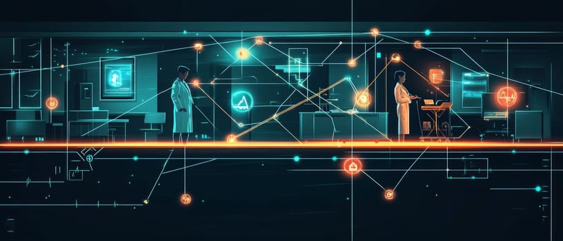 A digital bridge of glowing lines and holographic icons connecting two distant locations: a patient at home and a doctor in a clinic. The bridge represents accessible care through technology.