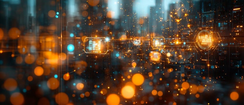 A glowing network of interconnected machines and their digital twins.