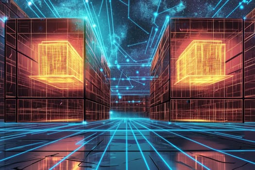Two identical 3D models of a building, one glowing and holographic, the other physical and realistic.