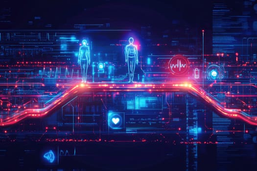 A digital bridge of glowing lines and holographic icons connecting two distant locations: a patient at home and a doctor in a clinic. The bridge represents accessible care through technology.