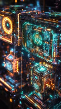 A glowing network of interconnected machines and their digital twins.