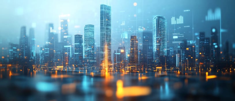 A city skyline with every building mirrored by a glowing holographic counterpart.