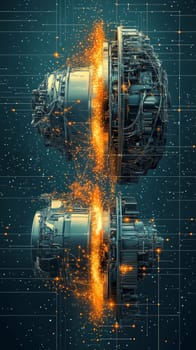 A jet engine split into two forms: one made of glowing digital particles, the other solid metal.