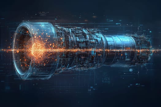 A jet engine split into two forms: one made of glowing digital particles, the other solid metal.