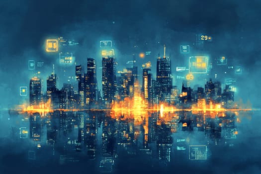 A city skyline with every building mirrored by a glowing holographic counterpart.