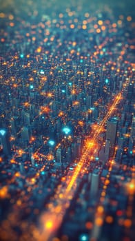 A sprawling city overlaid with a glowing holographic network of interconnected IoT devices.