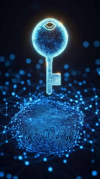 A glowing holographic key floating above a fingerprint made of blue-toned lines and particles. The fingerprint connects to a network of dots, symbolizing digital identity and authentication.