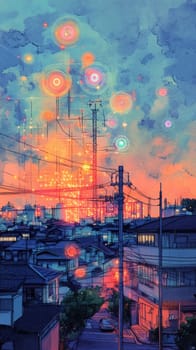 A city powered by a glowing energy grid, with holographic nodes showing data from power plants, homes, and vehicles.