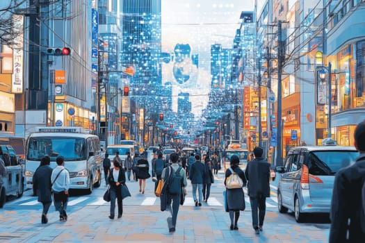 A bustling city street where data points and holographic overlays float above people, vehicles, and buildings.