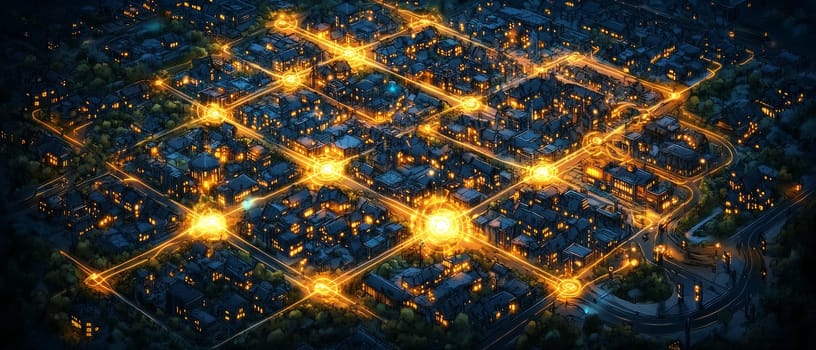 A sprawling city overlaid with a glowing holographic network of interconnected IoT devices.