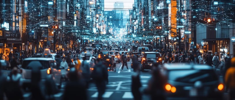 A bustling city street where data points and holographic overlays float above people, vehicles, and buildings.
