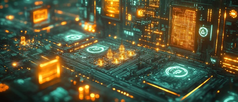 A city powered by a glowing energy grid, with holographic nodes showing data from power plants, homes, and vehicles.