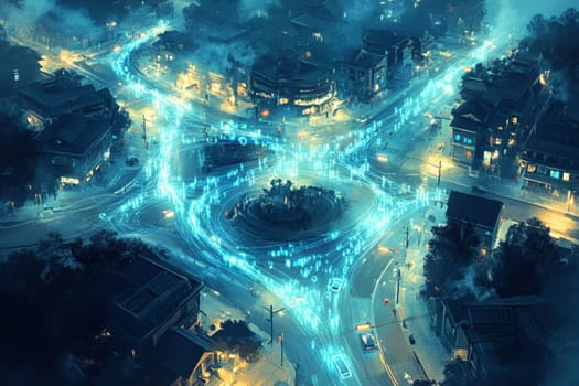 A city seen from above, with glowing blue data streams flowing through streets and buildings.