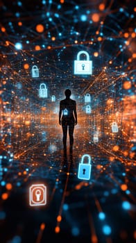 A human figure standing in the center of a digital matrix made of intersecting lines and glowing dots.