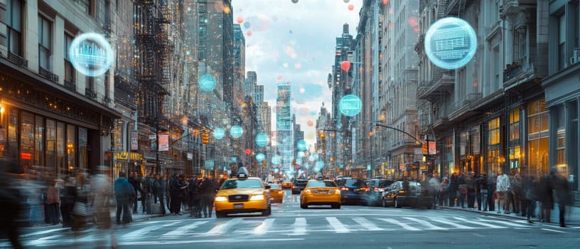 A bustling city street where data points and holographic overlays float above people, vehicles, and buildings.