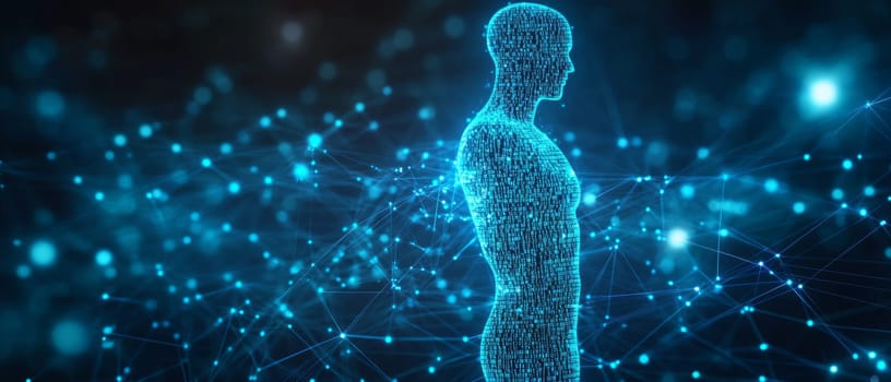 A human silhouette made of transparent holographic code stands in front of a glowing network of blue lines. The silhouette is connected to nodes representing biometric authentication data.