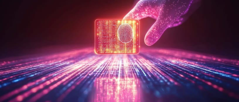 A digital ID card glowing with binary code, floating above a handprint scan. The handprint connects to holographic lines, representing secure identity authentication through personal data.