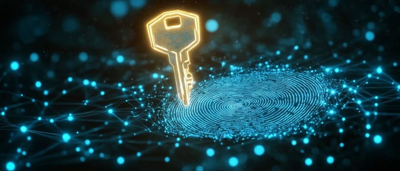 A glowing holographic key floating above a fingerprint made of blue-toned lines and particles. The fingerprint connects to a network of dots, symbolizing digital identity and authentication.