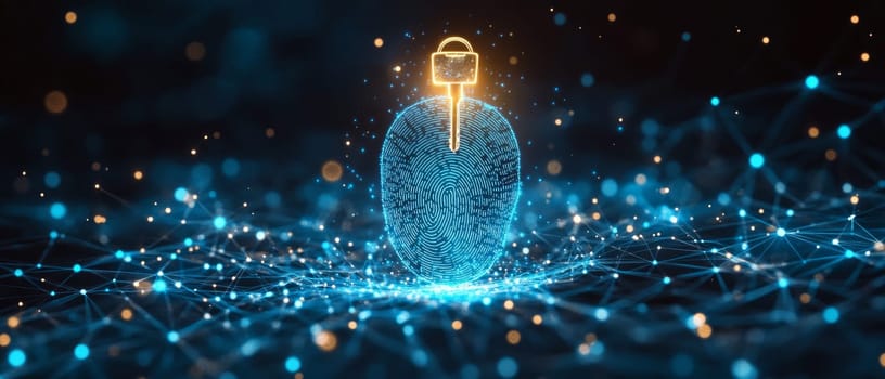 A glowing holographic key floating above a fingerprint made of blue-toned lines and particles. The fingerprint connects to a network of dots, symbolizing digital identity and authentication.