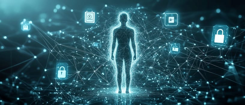 A human figure standing in the center of a digital matrix made of intersecting lines and glowing dots.